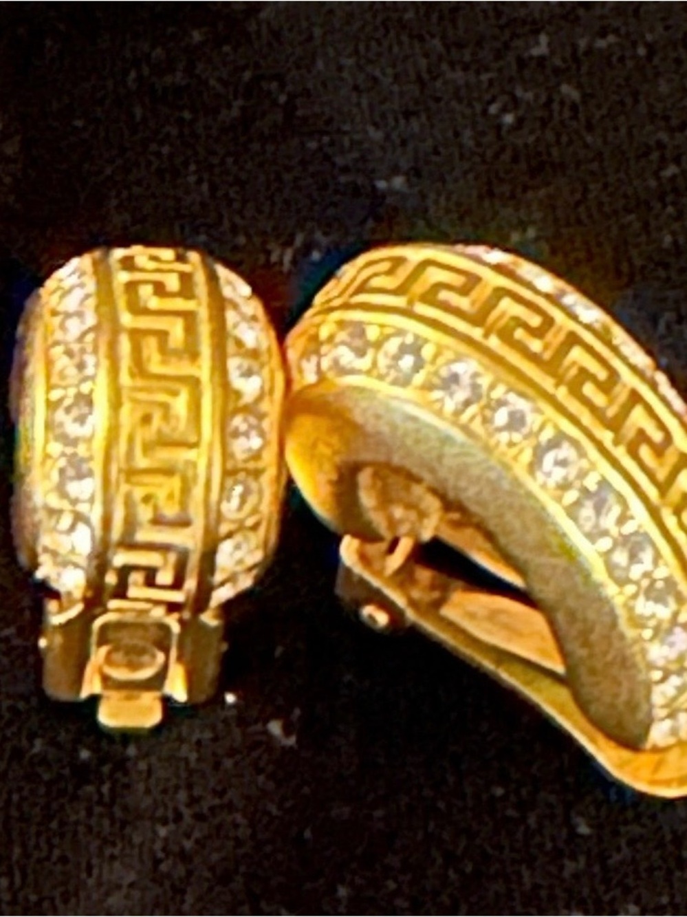 Nolan Miller vintage Greek Key Clip-On Earrings with Clear Crystal Accents